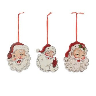 6.10"H Metal Embossed Holiday Santa Design Ornament, 3 Asst