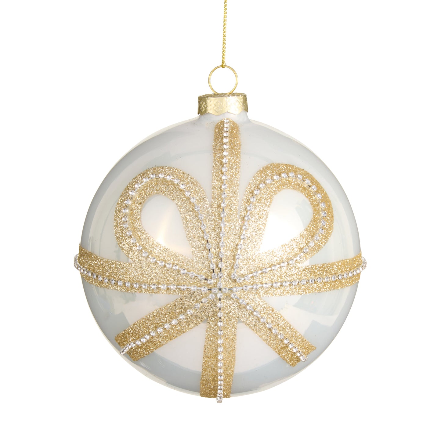 5" Gold Bow White Ball Ornament