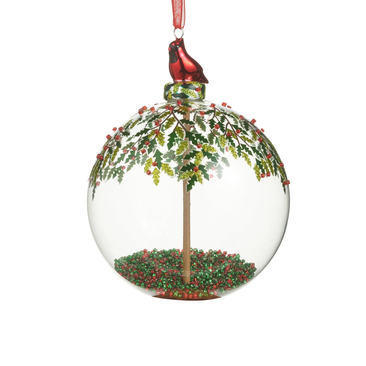4" Cardinal and Holly Ball Ornament