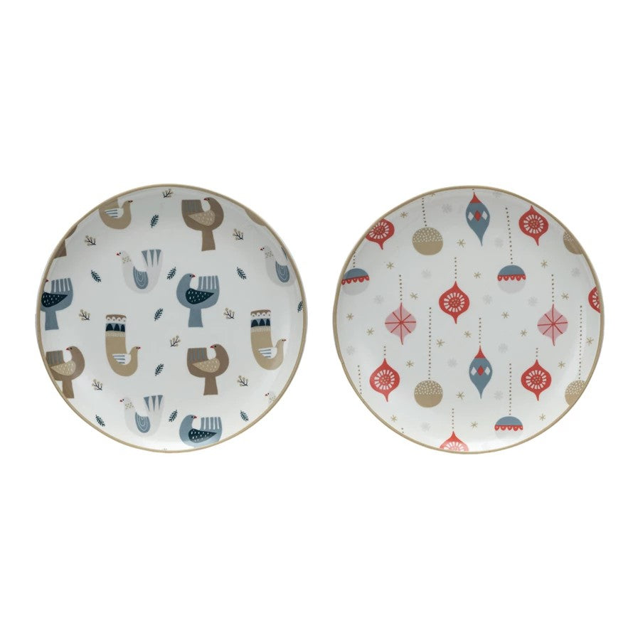 8" Round Stoneware Plate w/ Dove/Ornament Pattern, Multi Color, 2 Styles