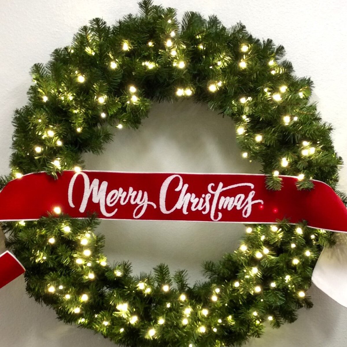 6" x 70" Velvet “Merry Christmas” Ribbon, Red with White Matte Glitter Text & White Back