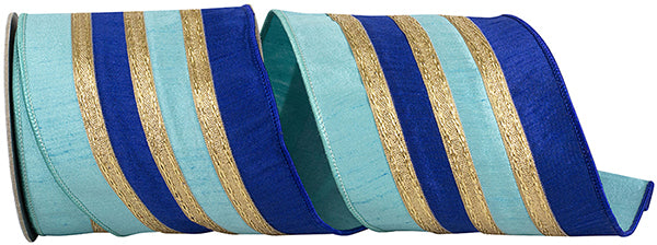 4" X 10YD Stripe Trimming Overlay Dupioni Deluxe Wired Edge Ribbon, Blue