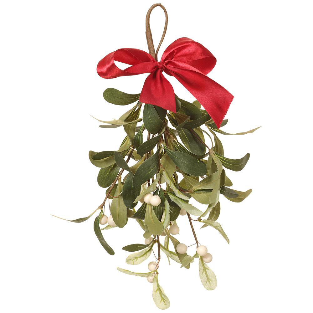 13.75" Mistletoe Hanger with Bow Green White