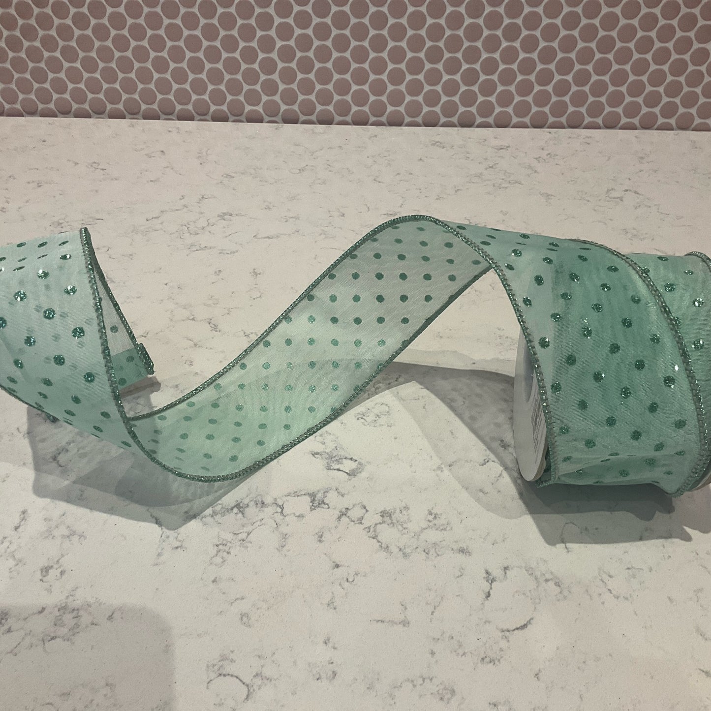 2.5" x 10yds Mesh Deluxe Glitter Dots Wired Edge, Aqua