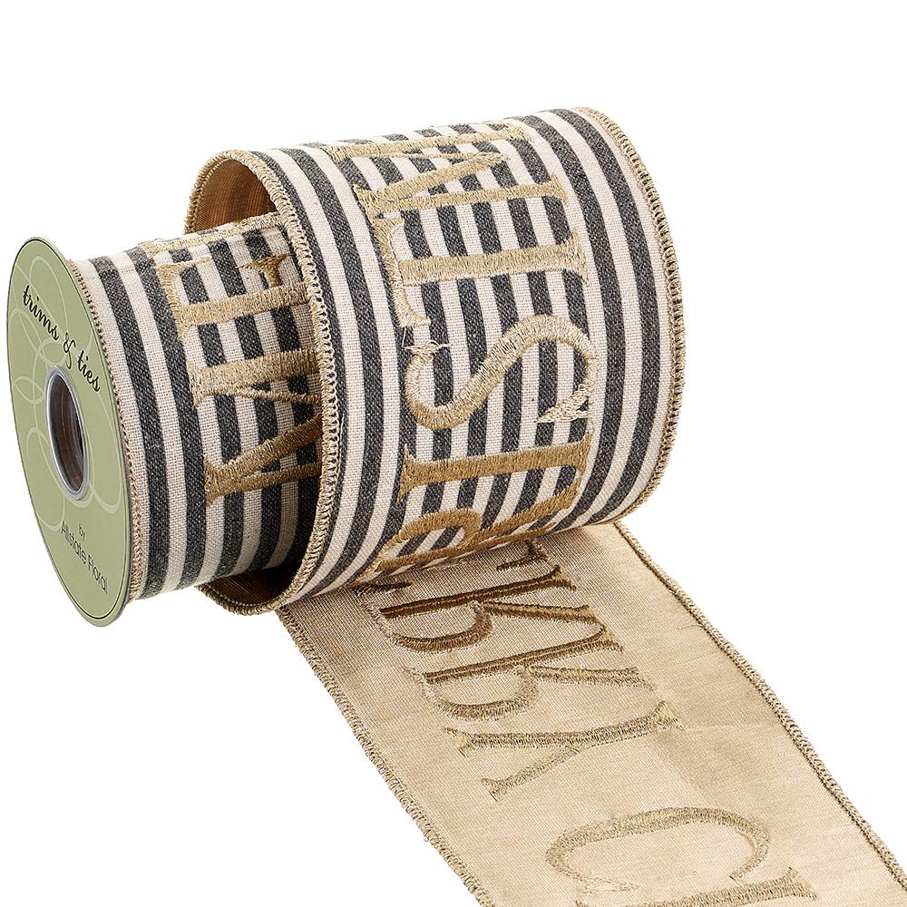 4" X 5Yd Merry Christmas Stripe Ribbon, Black White W/Gold Lettering