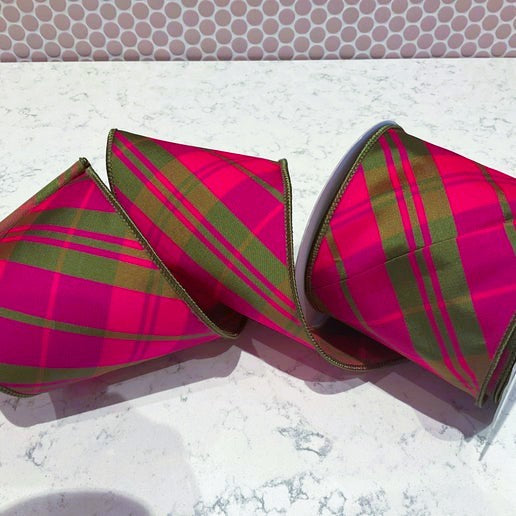 4" X 10Yds Pink and Green Plaid Wired Ribbon
