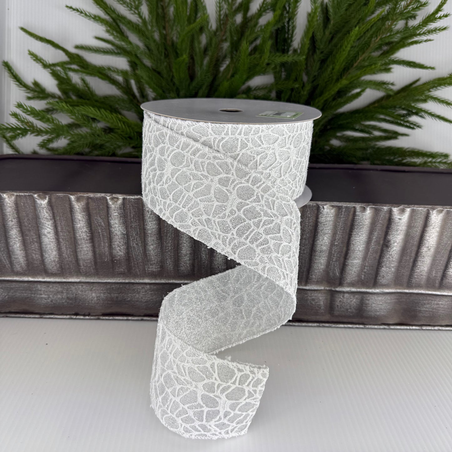 2.5" X 10yds Glitter Cut-Out Leaf Ribbon, White/ Shimmer
