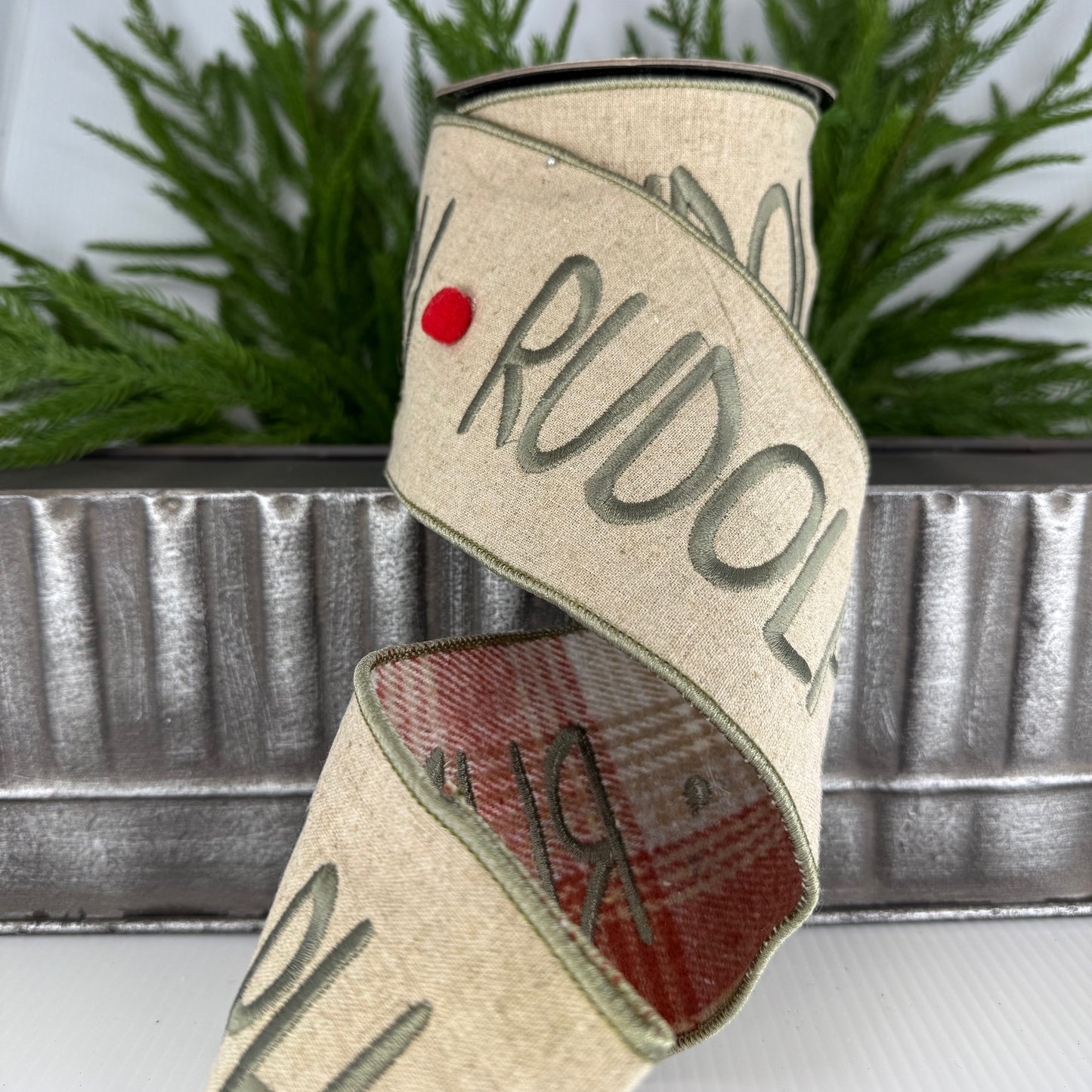 4" X 5Yd Rudolph Pompon Ribbon Red Green