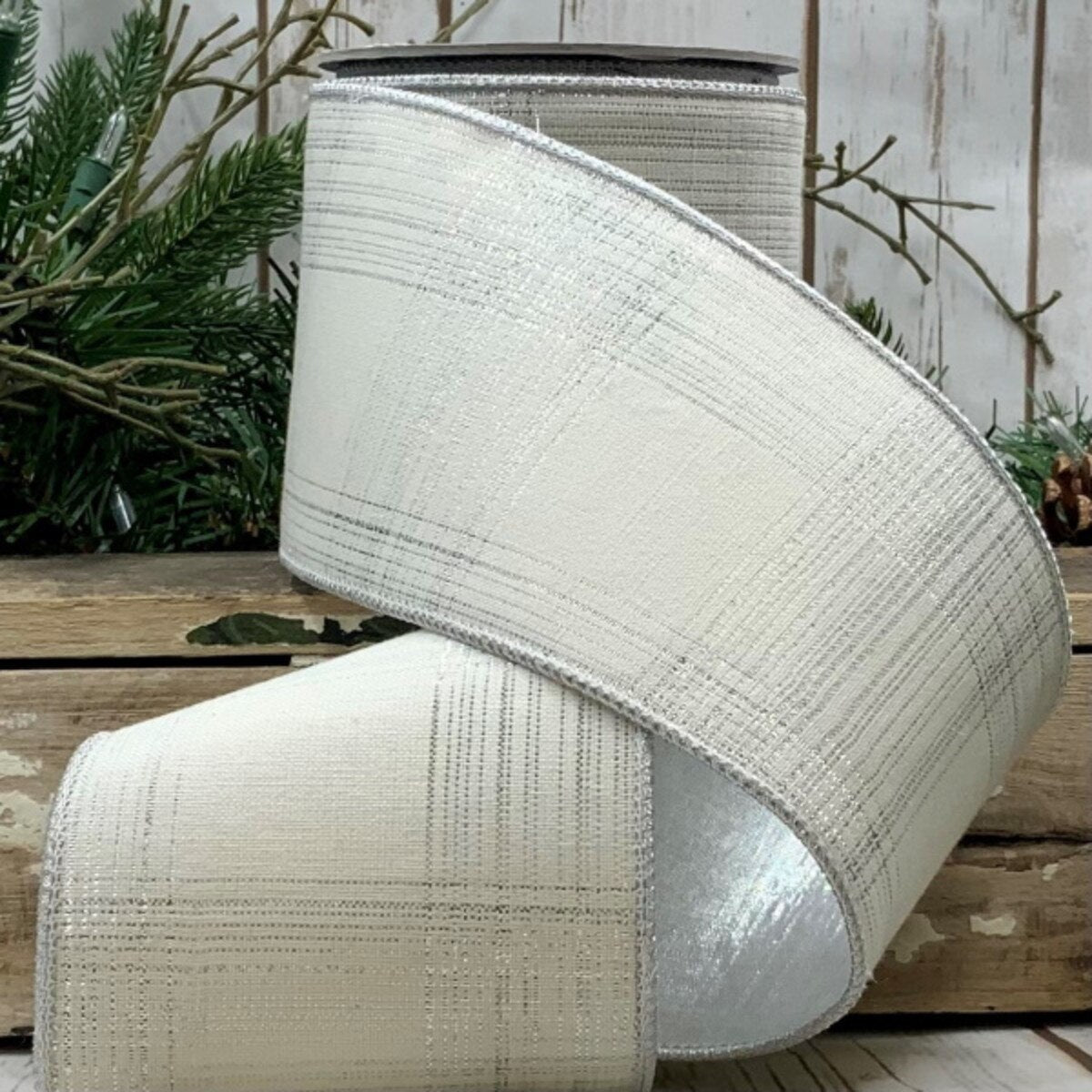 4" x 10yds Cotton Silver Lurex Plaid Ribbon – Winter White