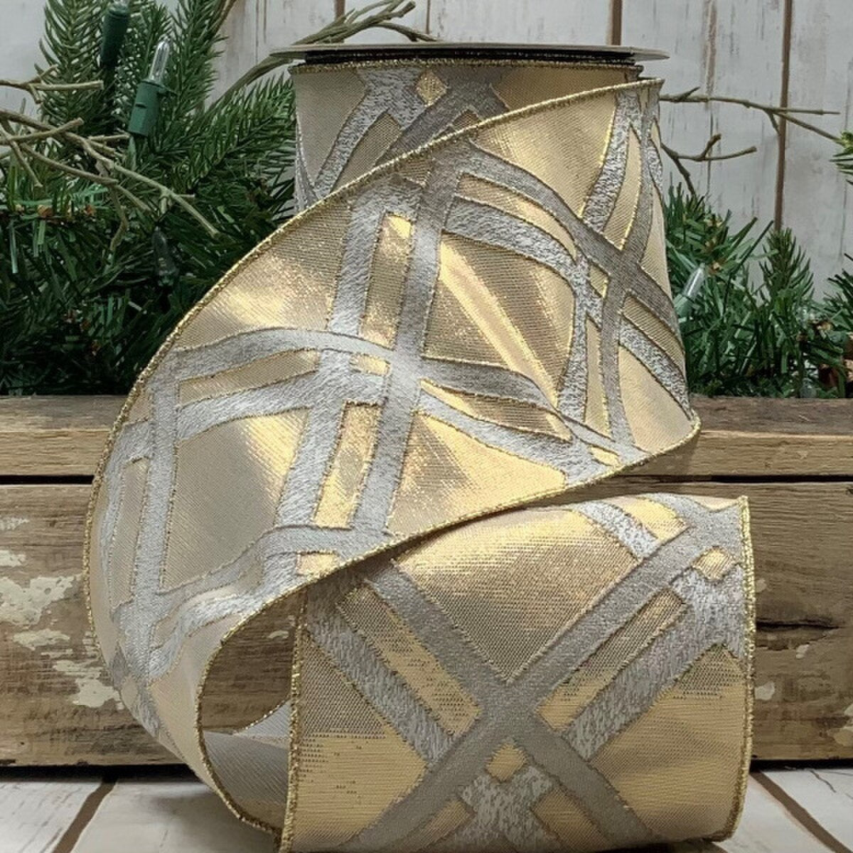 4" x 10 YD Jacquard Metallic Lattice Ribbon, Grey/Gold