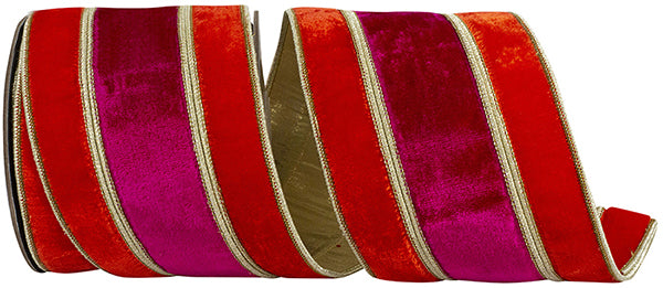 4" X 5YD Plush Berry Overlay Deluxe Gold Metallic Backed Wired Edge Ribbon, Ruby