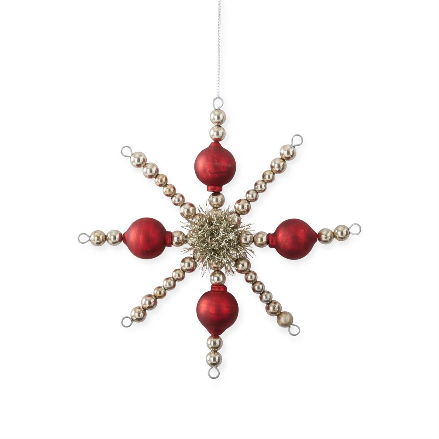 6.25 Inch Red & Silver Vintage Ball Snowflake Ornament with Tinsel