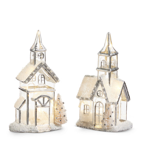 9" Lighted Silver Church (ASST/ 2)