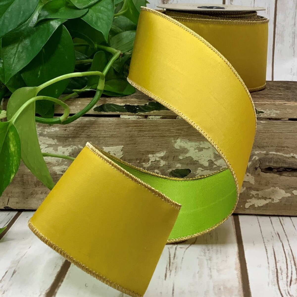 2.5" x 10yds Taffeta Double Side, Yellow/Apple Green