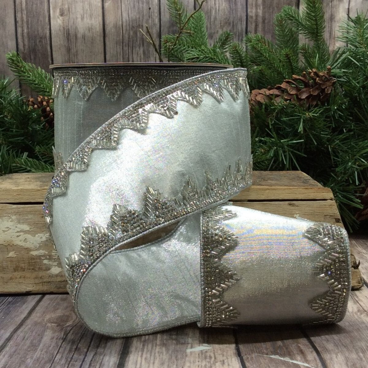 4" x 10yds Metallic Dupion Art Deco Jewel Trim Ribbon – Silver