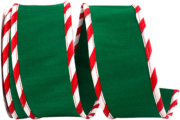 2.5" X 10yds Candy Cane Ticking Edge Dupioni Deluxe Wired Edge Ribbon, Green
