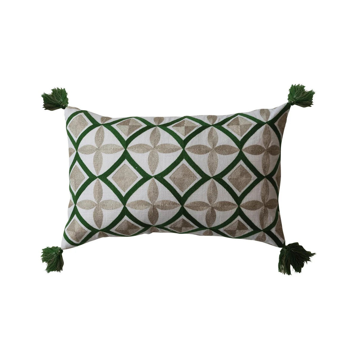 Cotton Embroidered Lumbar Pillow w/ Pattern, Metallic Gold Thread & Tassels, Natural & G