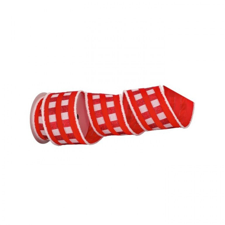 4" X 10Yd Fur Edge Check Stripe Velvet Ribbon, Red/ White