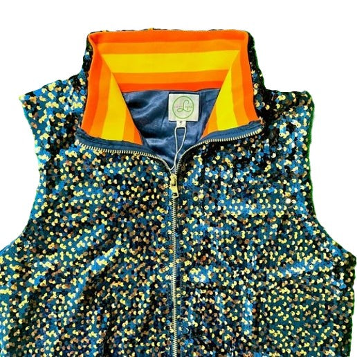 GLEAUX GIRL Confetti Sequin Vest / Navy+Orange / Retro Rainbow Small