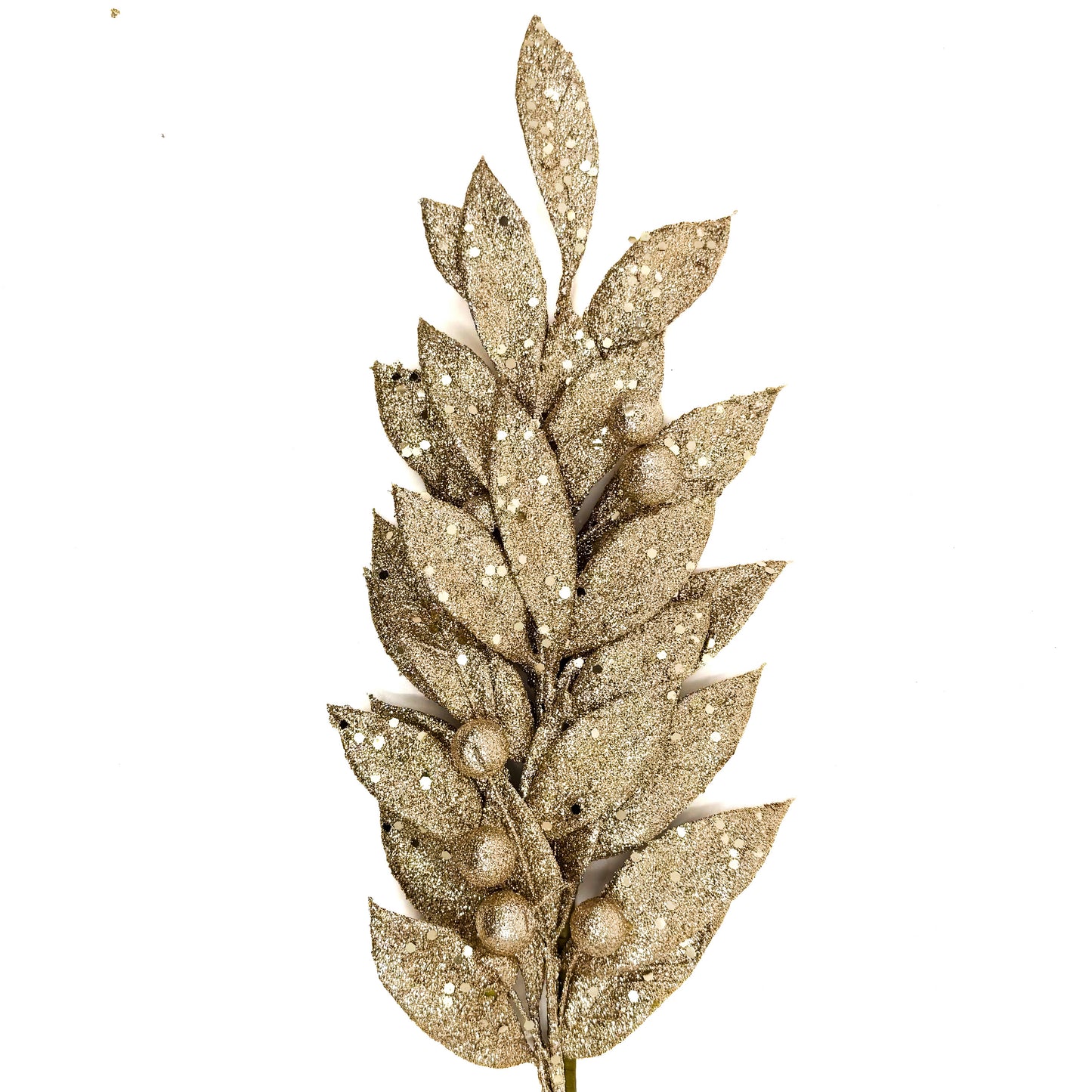 24" Glitter Metallic Bay Leaf W/Berries Spray Champagne