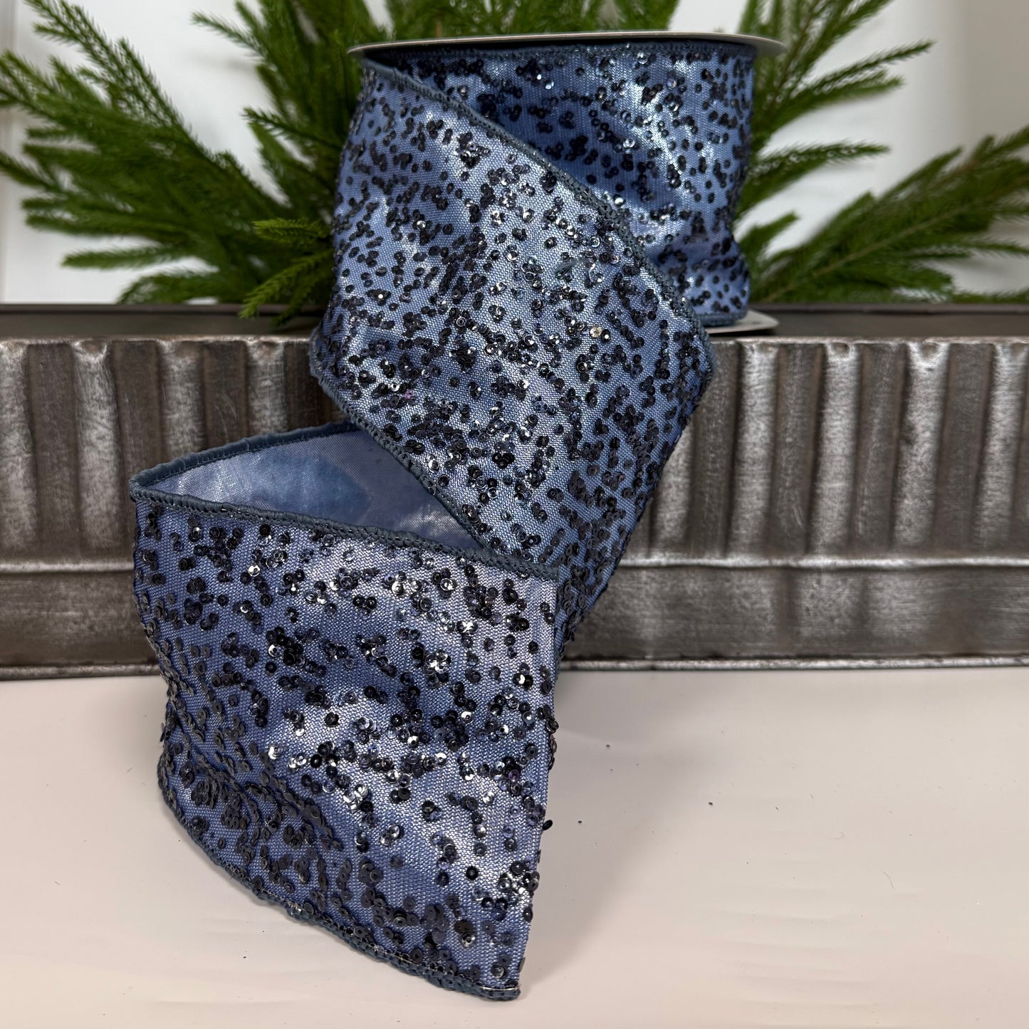 4" X 10Yd Ribbon Sequins on Lame Blue