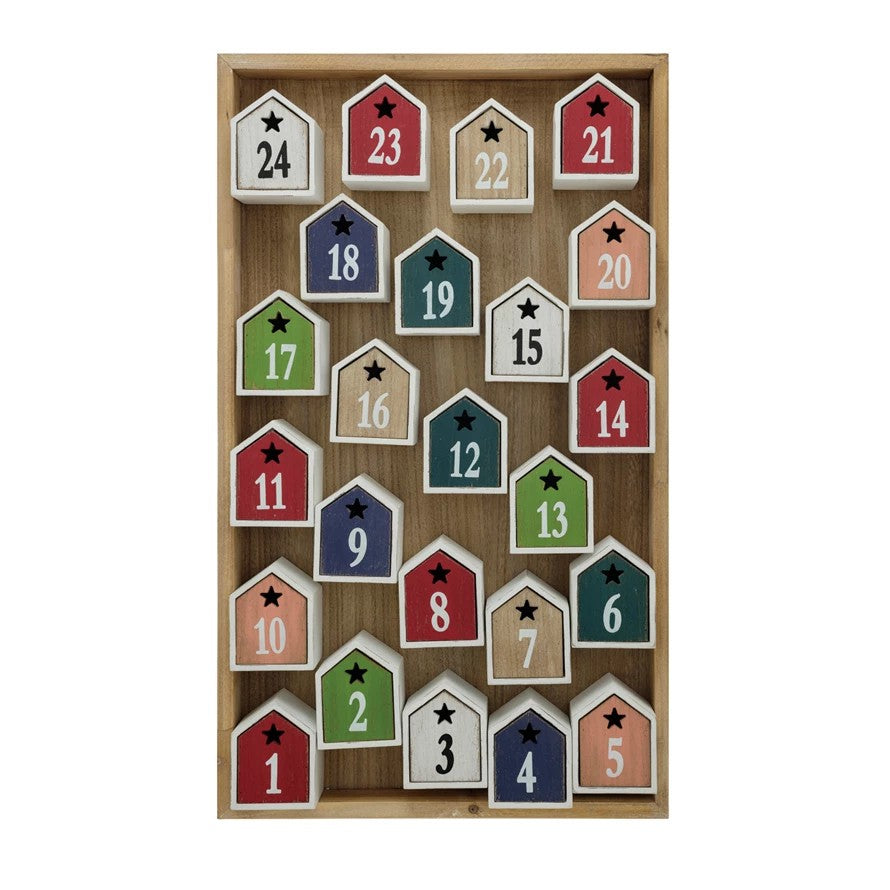 17-1/4"L x 3"W x 29-1/2"H MDF Advent Calendar w/ 24 House Shaped Drawers, Multi Color (Hangs or Sits