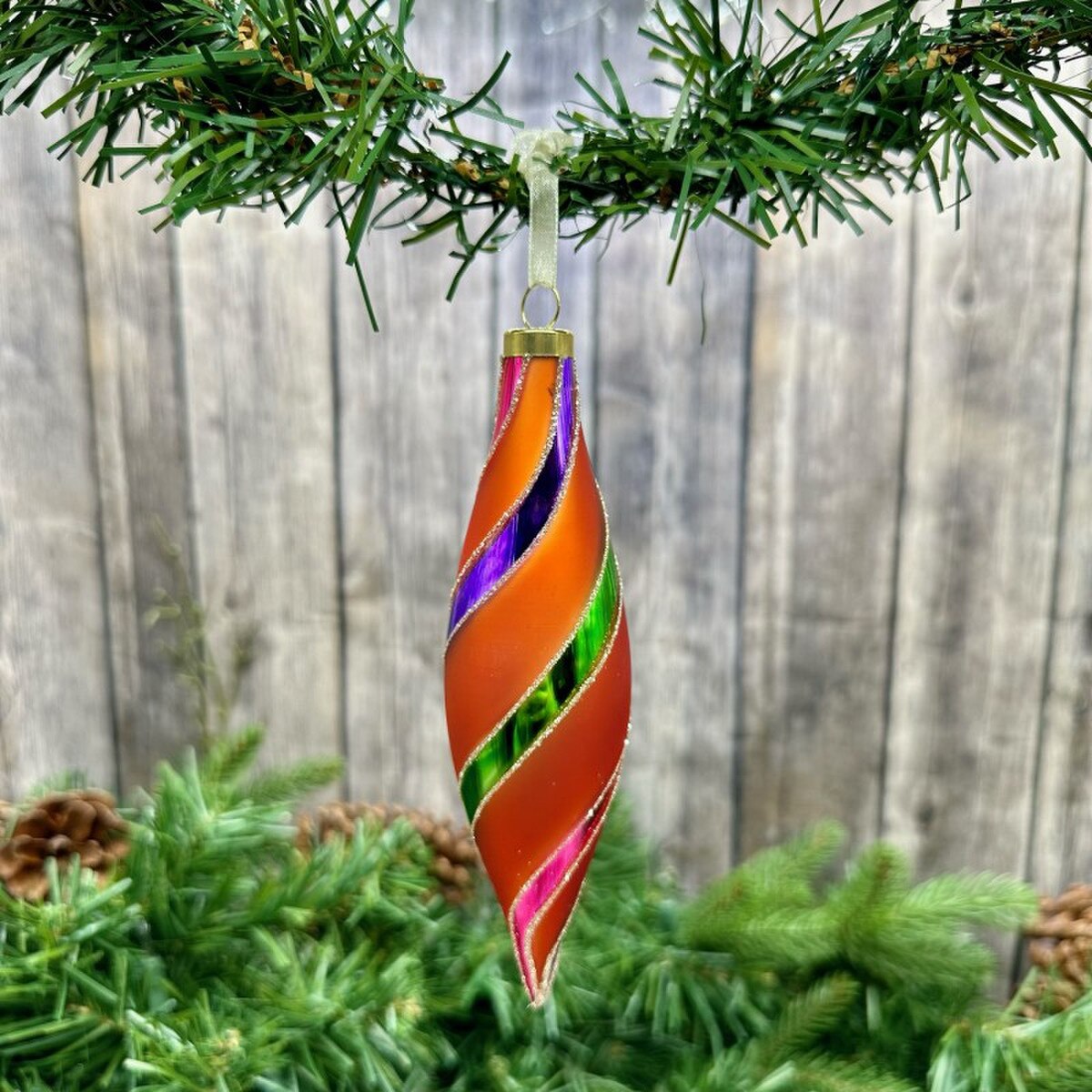 5.5" Hand-Blown Glass Retro Finial Ornament, Orange/ Purple/ Pink