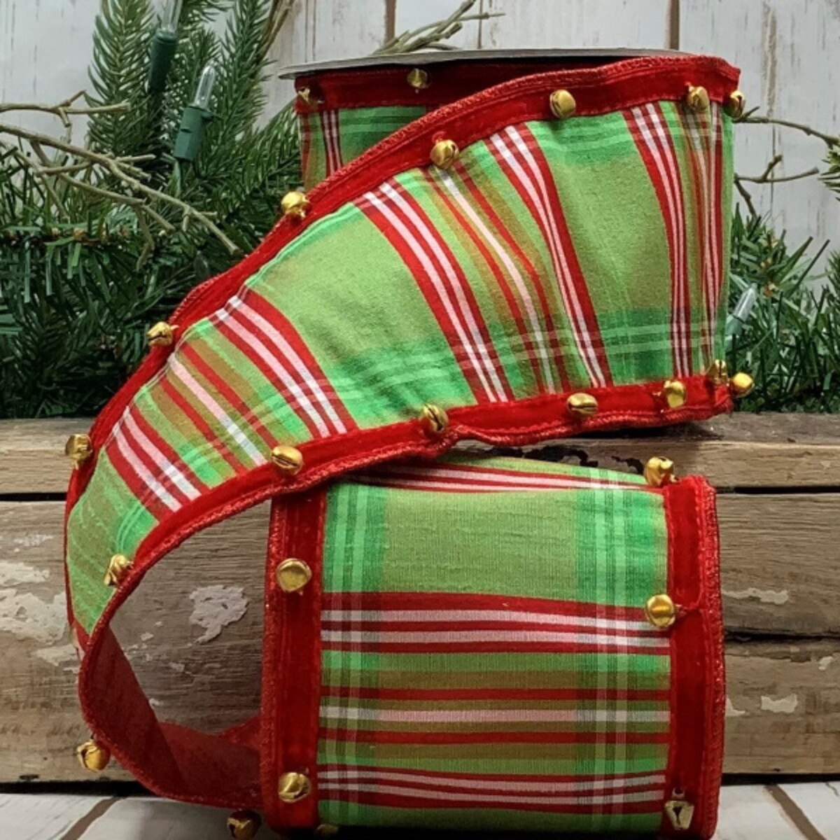 4" x 5YD Faux Dupion North Pole Plaid Ribbon with Bell Edge – Green/Pink/Red