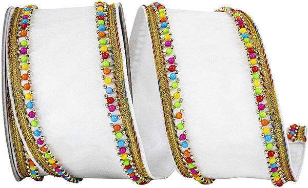 4" X 5YD Beaded Candy Edge Deluxe Wired Edge Ribbon, White