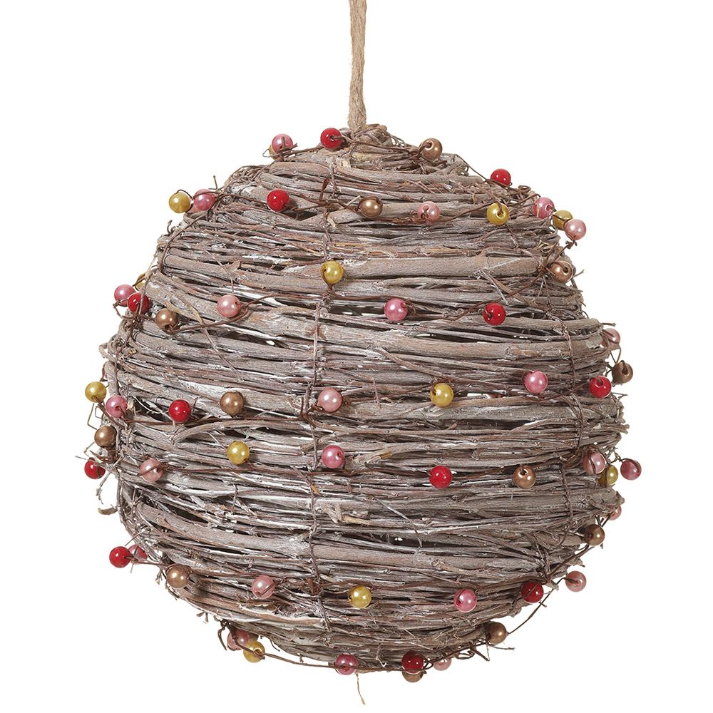 7.5" Beaded Twig Ball Ornament Red Pink