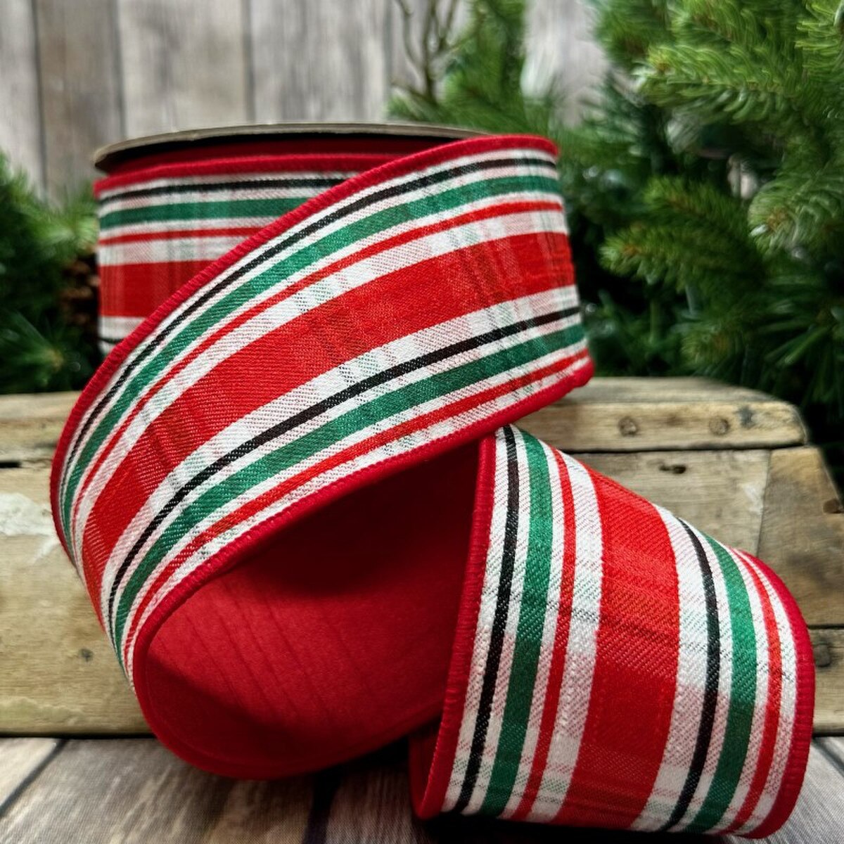 2.5" x 10yds Faux Gingerbread Wool Plaid Wired Edge Ribbon – Red, Green & White