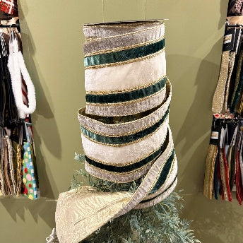 Grey/Green/White Velvet Stripe Metallic Dupion DBL Fused-6x10yd Ribbon