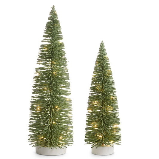 26" Green Flocked Lighted Bottle Brush Trees