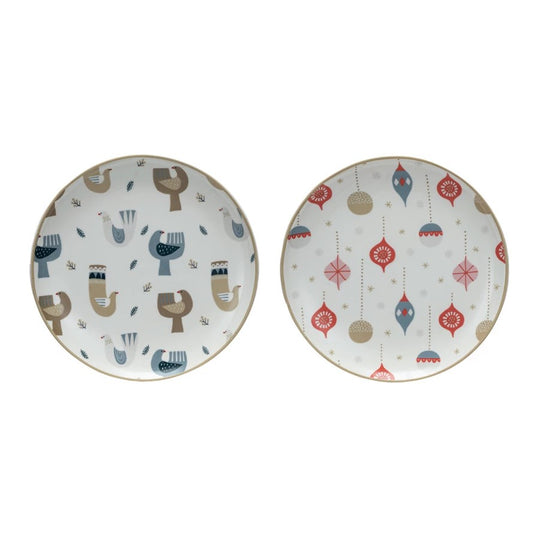 8" Round Stoneware Plate w/ Dove/Ornament Pattern, Multi Color, 2 Styles