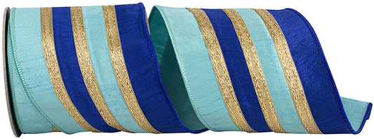 4" X 10YD Stripe Trimming Overlay Dupioni Deluxe Wired Edge Ribbon, Blue