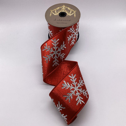 4“ x 5yds metallic dupion clear crystal snowflake, red