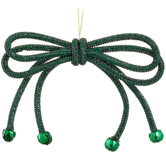 5.5" Sparkle Bow Ornament W/ Bell, Green
