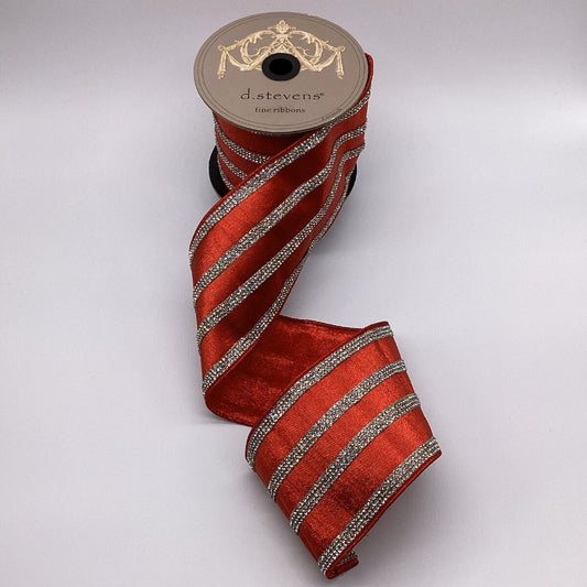 4” x 5yds metallic dupion clear crystal jewel stripe, red