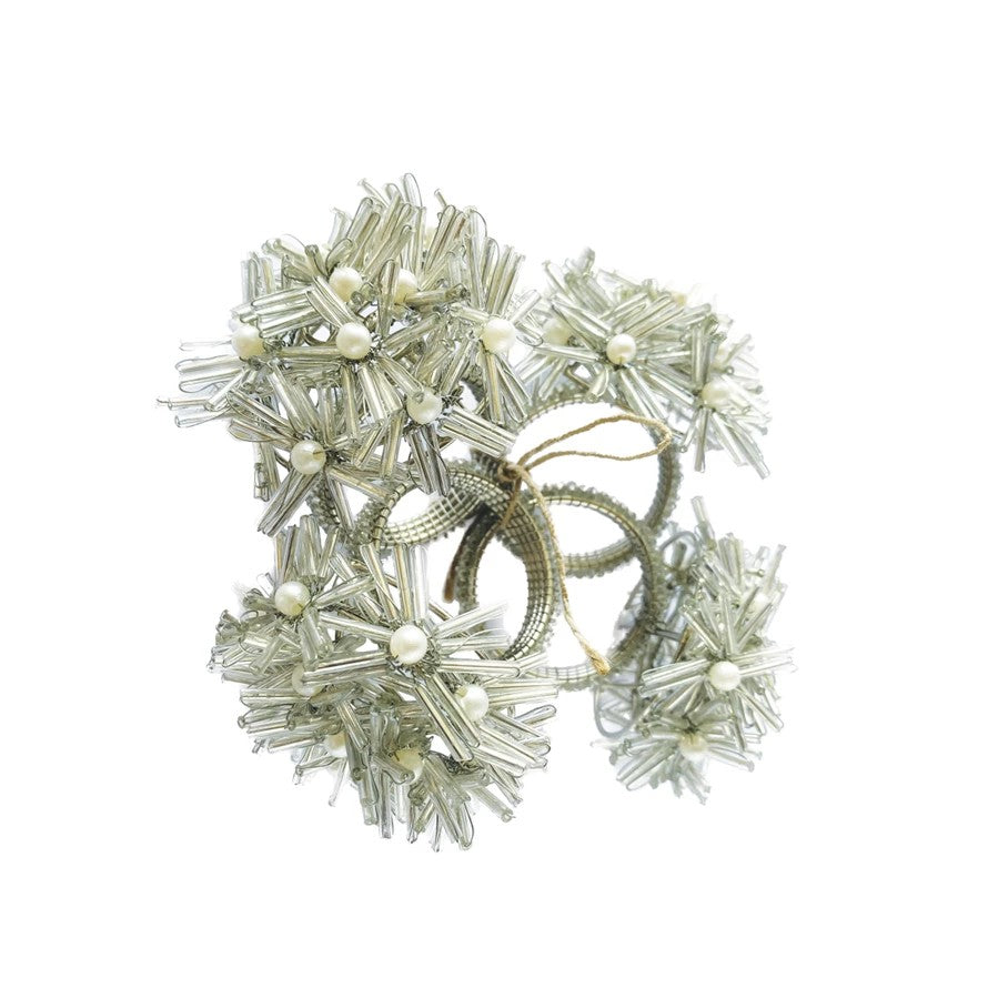 2-1/2"H Glass Beaded Metal Floral Napkin Rings, Silver Finish, Set of 4