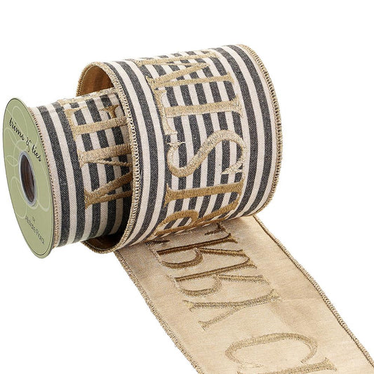 4" X 5Yd Merry Christmas Stripe Ribbon, Black White W/Gold Lettering