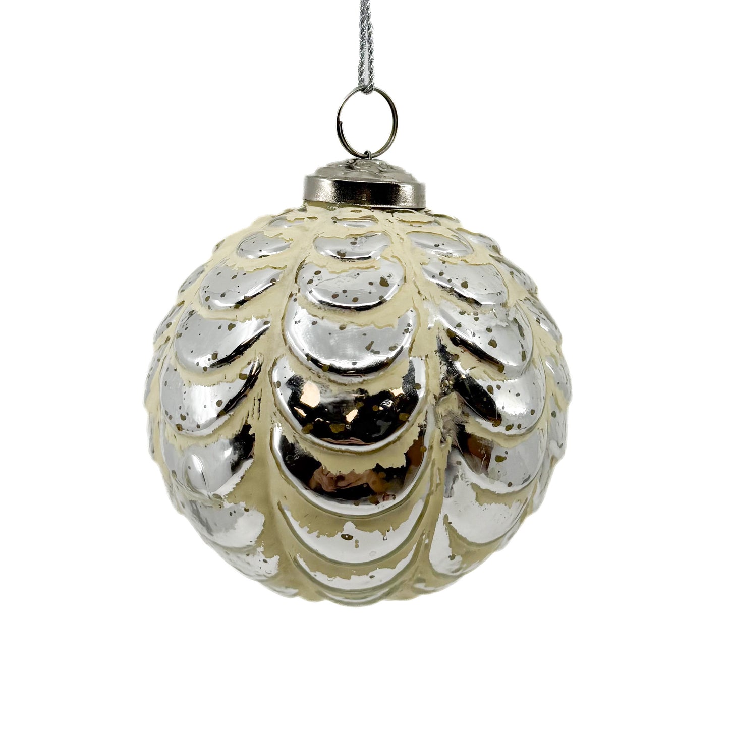 4" Grooved Glass Ball Ornament Silver/ Cream