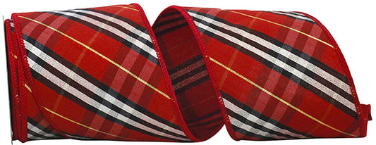 4" X 10 YD Bias Plaid Royal Dupioni Wired Edge Ribbon, Red/black