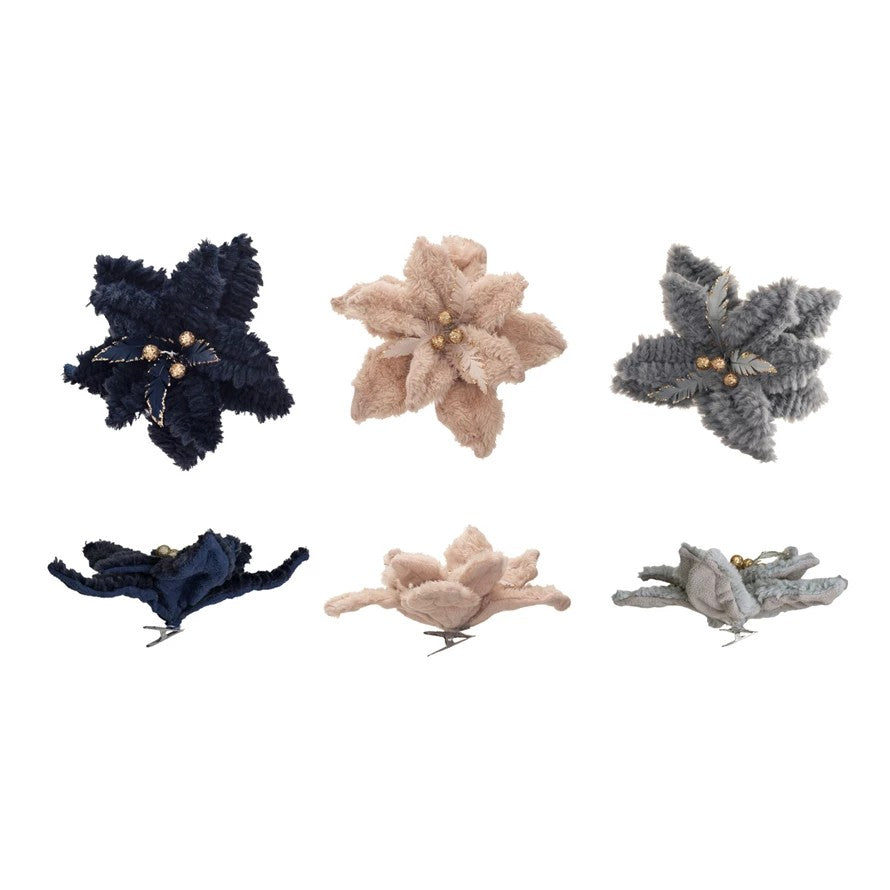 10-1/2" Round Faux Fur Poinsettia Clip-on Ornament w/ Gold Glitter Berries, 3 Colors
