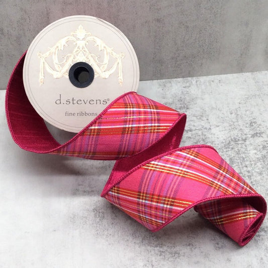 2.5" x 10yds Dupioni Diagonal Plaid Gold Lurex - Red/ Hot Pink/ White