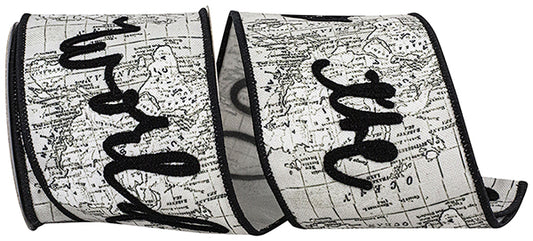 4" X 5YD Joy To The World Map Flocked Sully Canvas Wired Edge Ribbon, White/ black