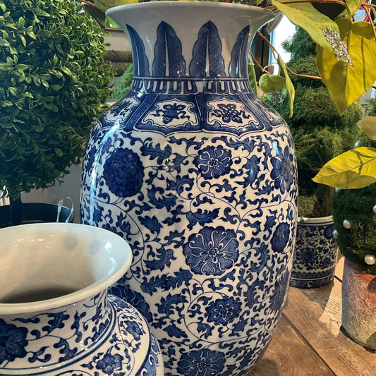19" Ceramic Vase - Blue/ White Floral