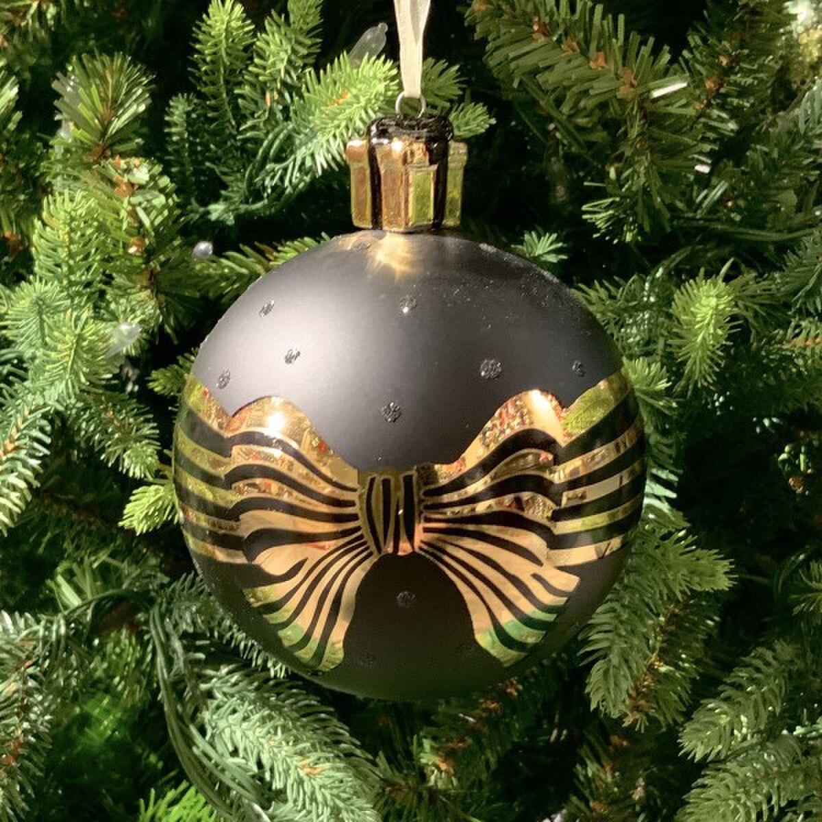 100mm Hand-Blown Gold Bow Ornament w/ Porcelain Cap Gold/ Black