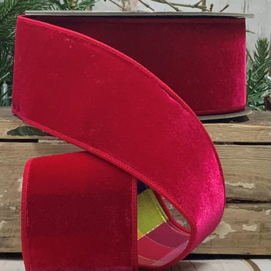 2.5" x 10yds Velvet Ribbon with Colorful Check Back – Hot Pink