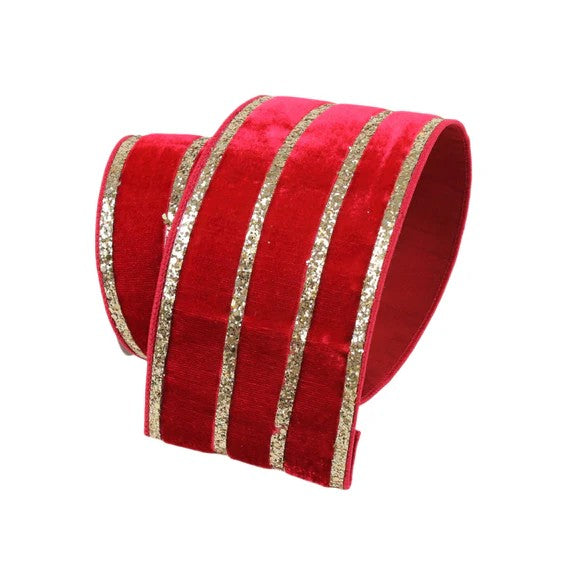 4" x 5yds Velvet Ribbon with Glitter Stripes – Red & Gold