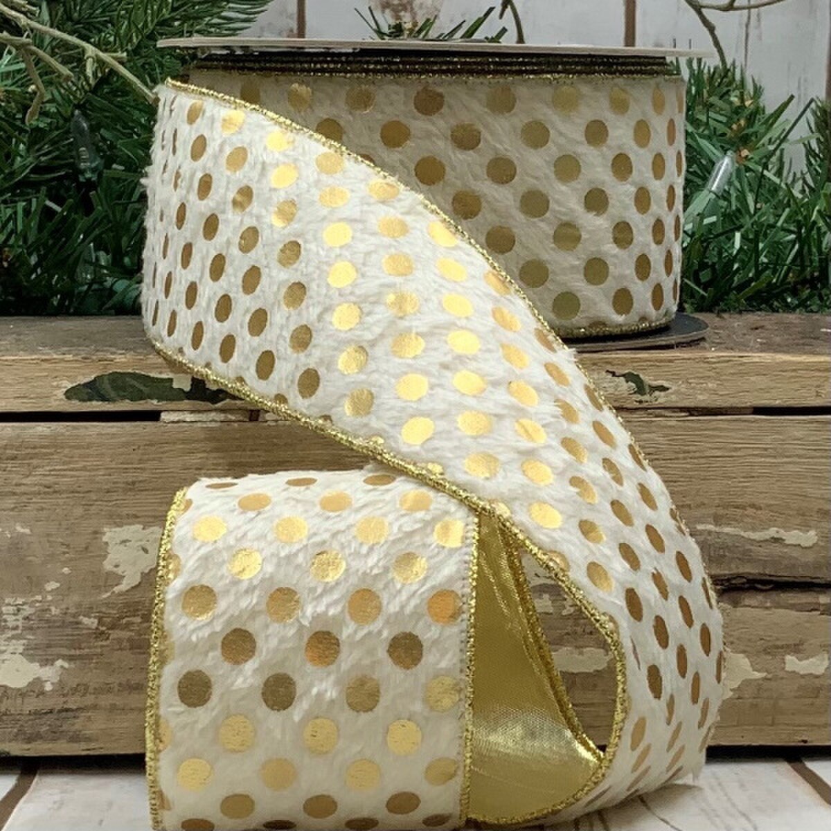 2.5" x 10yds Faux Fur Metallic Gold Polka Dot Ribbon, White